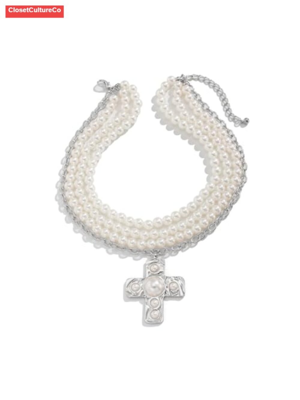 Gold Hammered Cross Pearl Beaded Layered Necklace 15.7in